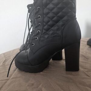 Black Quilted Lace-Up Ankle Boots